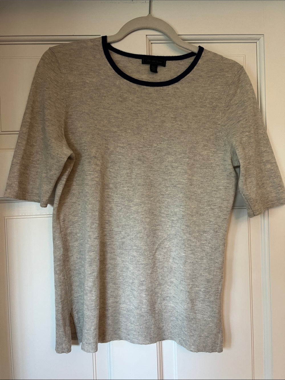 Saks Fifth Avenue Light Gray Cashmere Top with Navy Trim